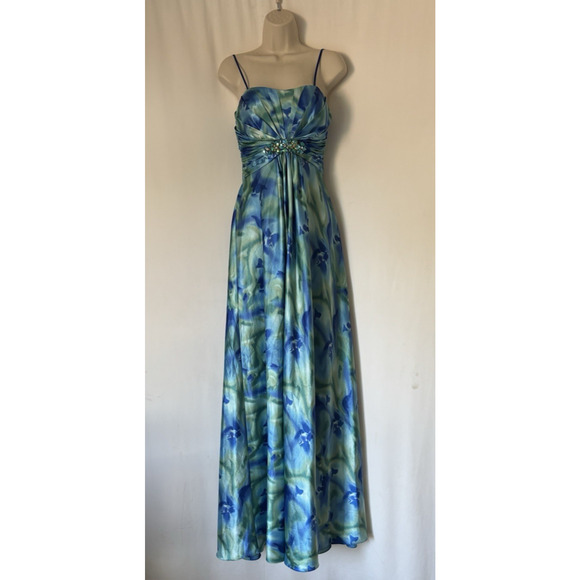 Cashe Dress 10 Maxi Long Gown Blue Green Floral Beaded Formal Evening Gorgeous - Picture 1 of 15